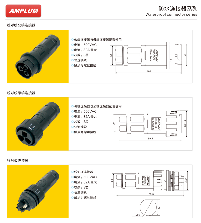 3000系列防水连接器规格尺寸