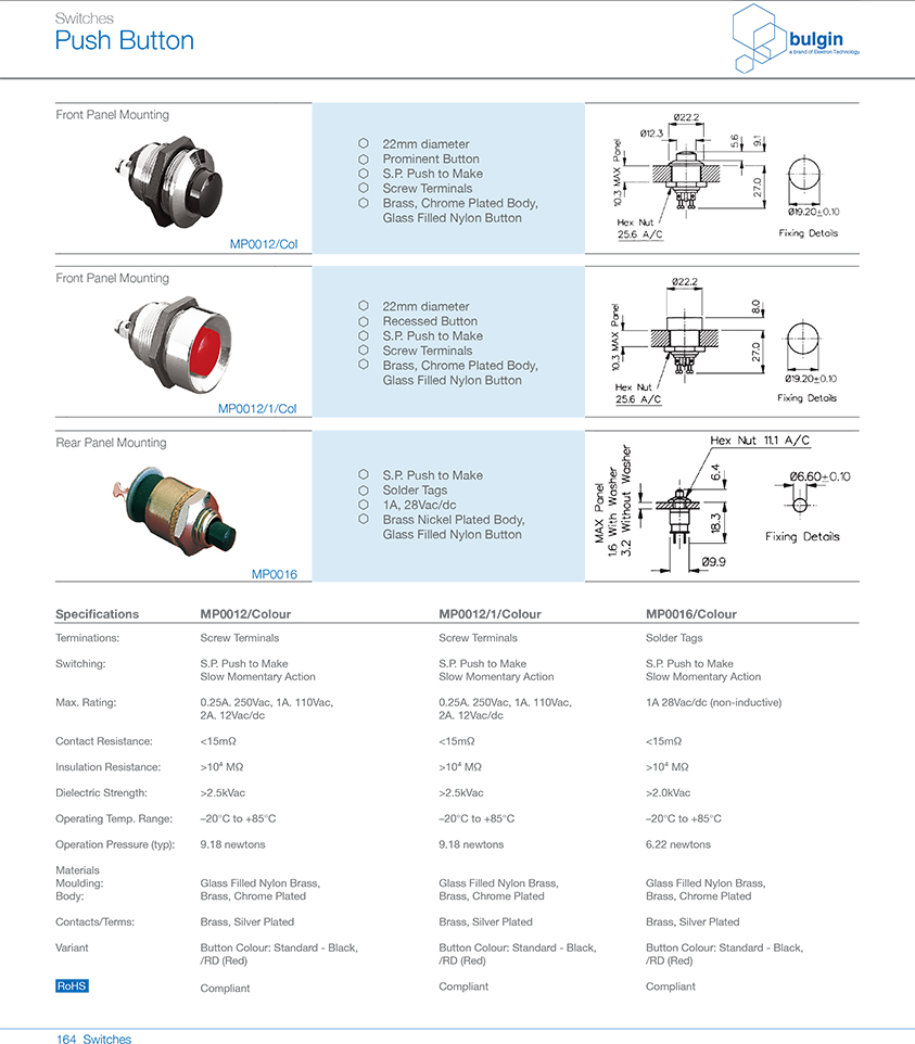 MP0012前面板安装按钮开关型号