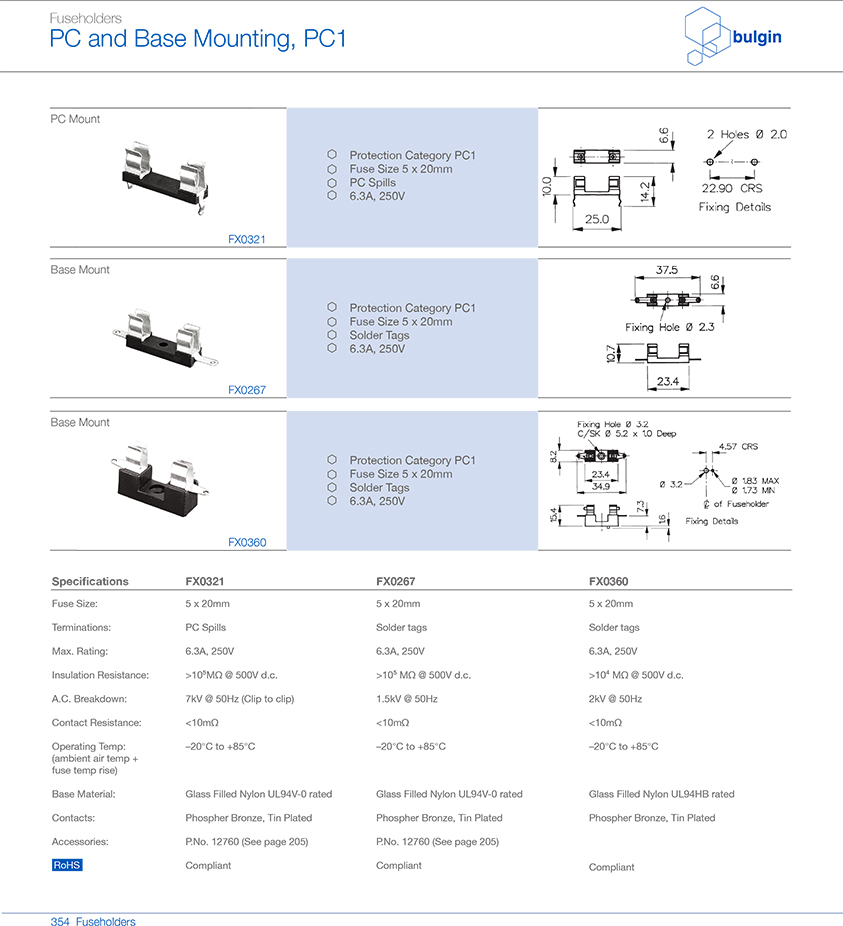 PCB 安装FX0321保险丝座型号