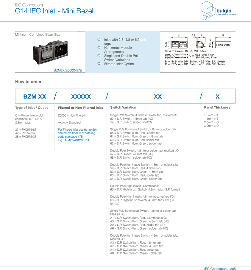 BZM27-Z0000-57B水平电源接入模块迷你外框规格尺寸