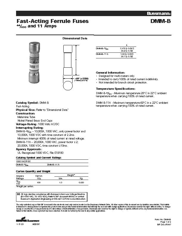 DMM-B-11A福禄克仪表熔断器 产品参数