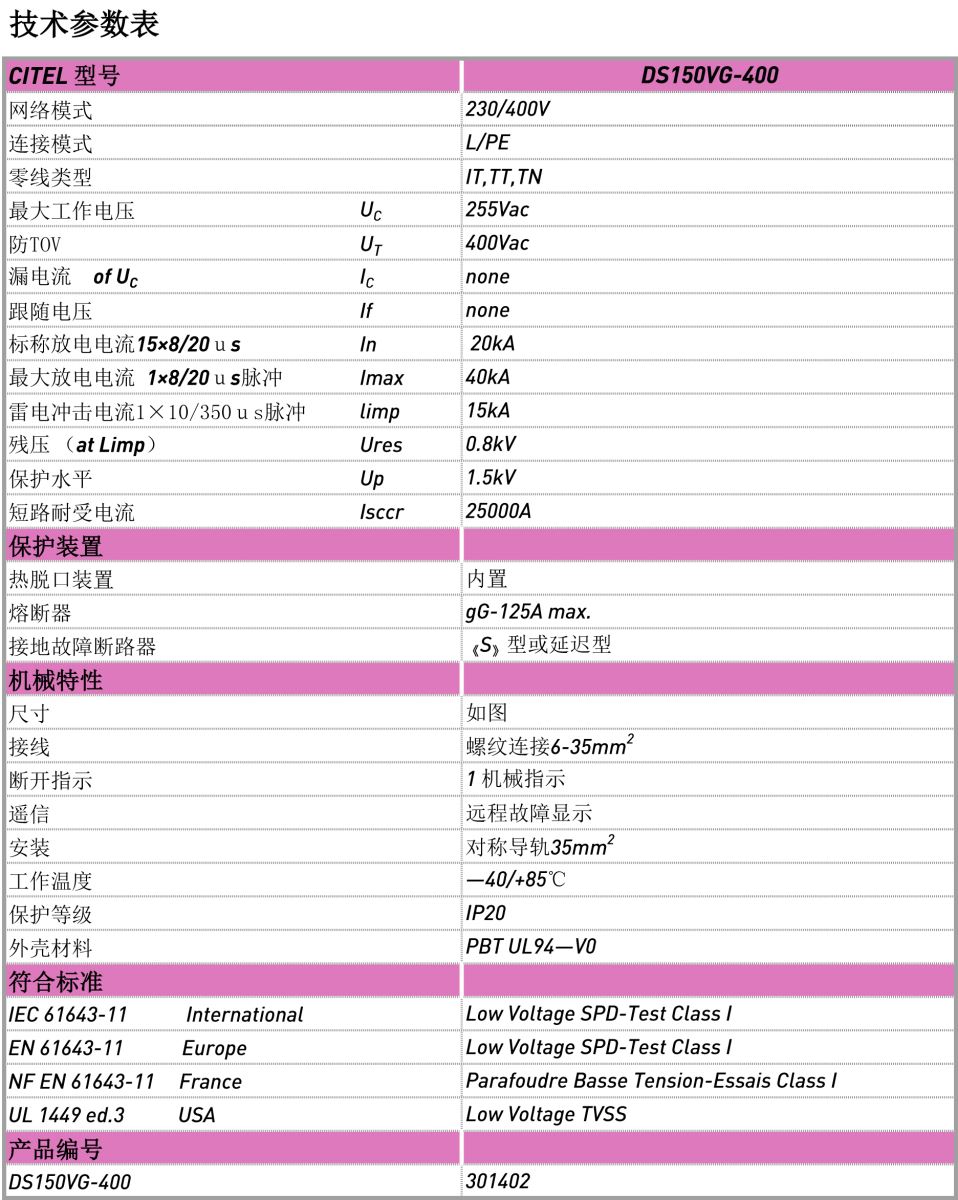 交流防雷器DS150VG-400电源电涌保护器技术参数