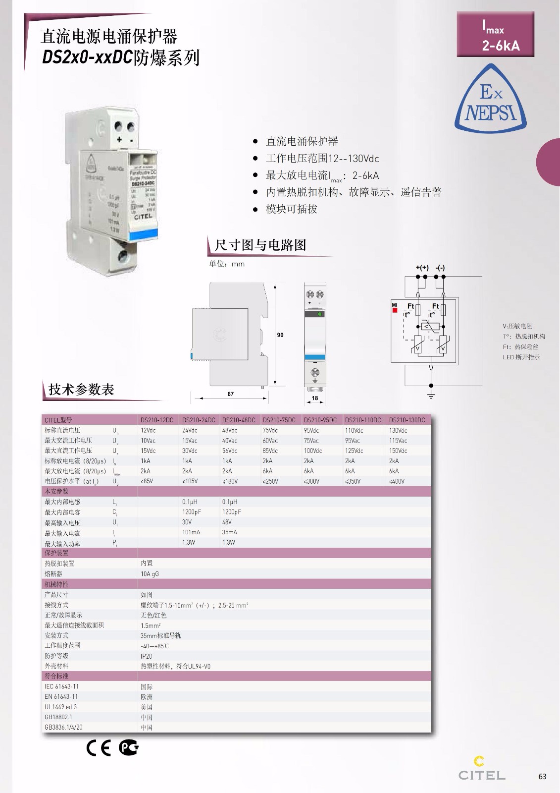 直流防雷器DS50PV-1000-30系列技术参数、规格尺寸