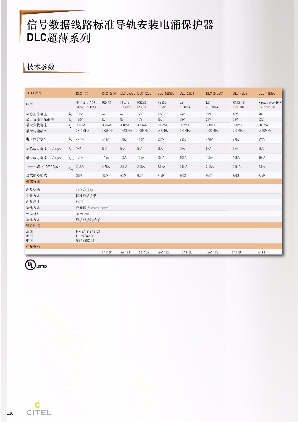 DLC超薄系列信号防雷器技术参数