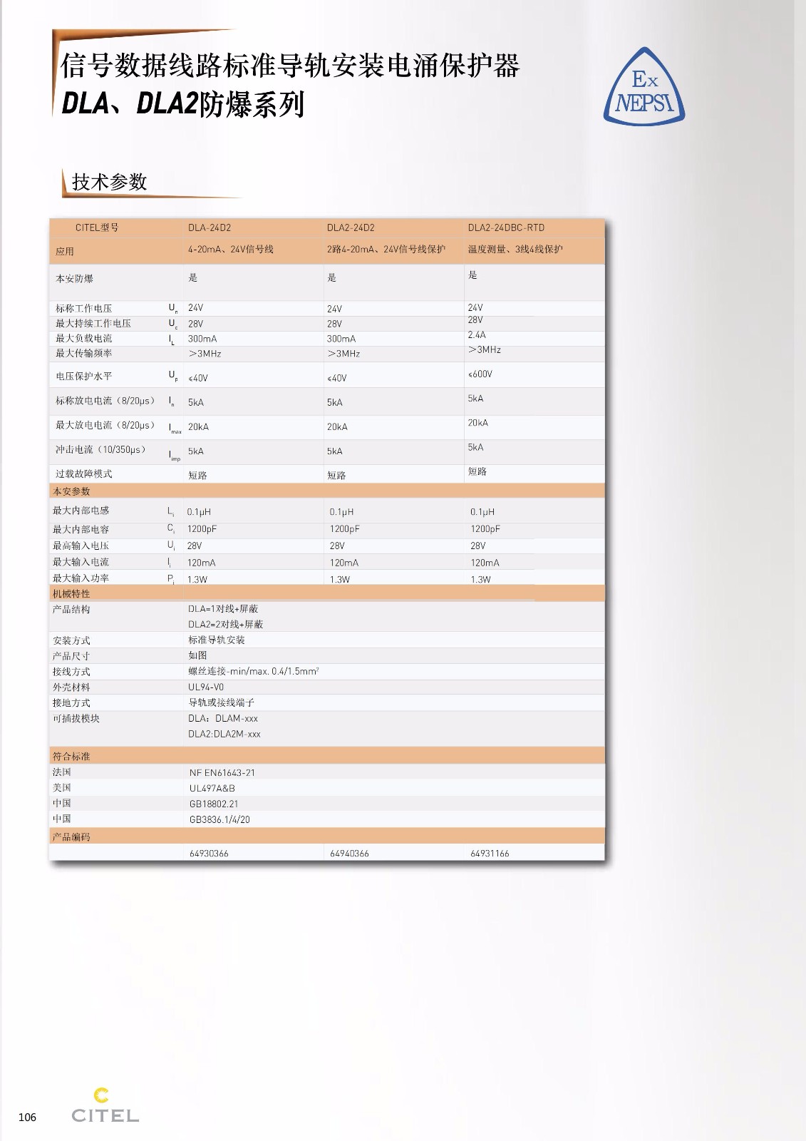 DLA-DLA2系列数据浪涌保护器技术参数