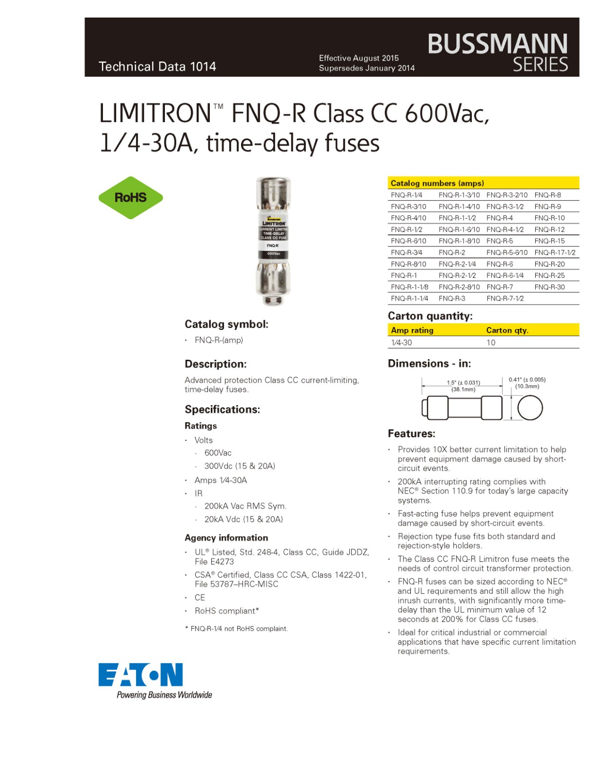 FNQ-R系列熔断器型号