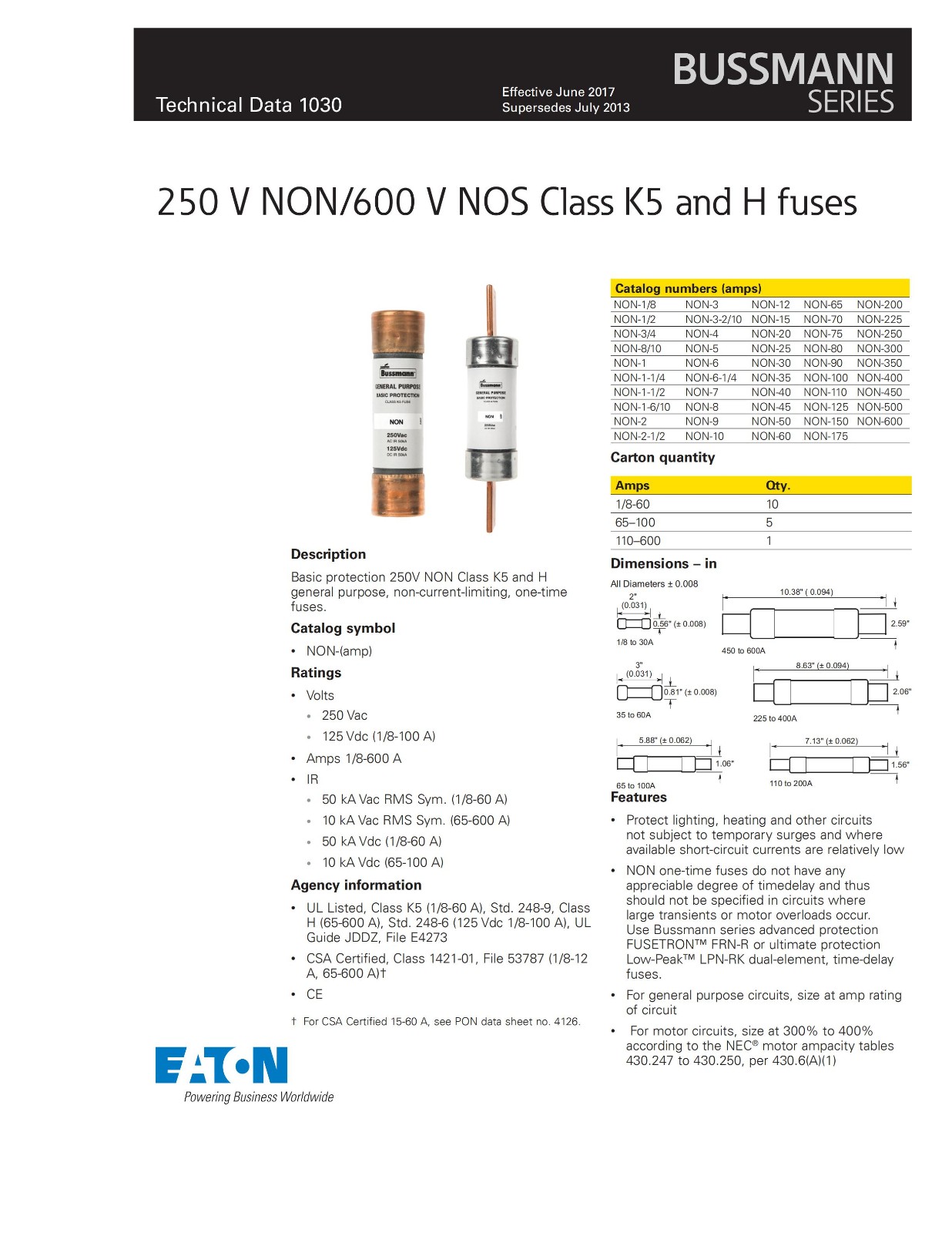 NON系列熔断器 产品型号 尺寸图