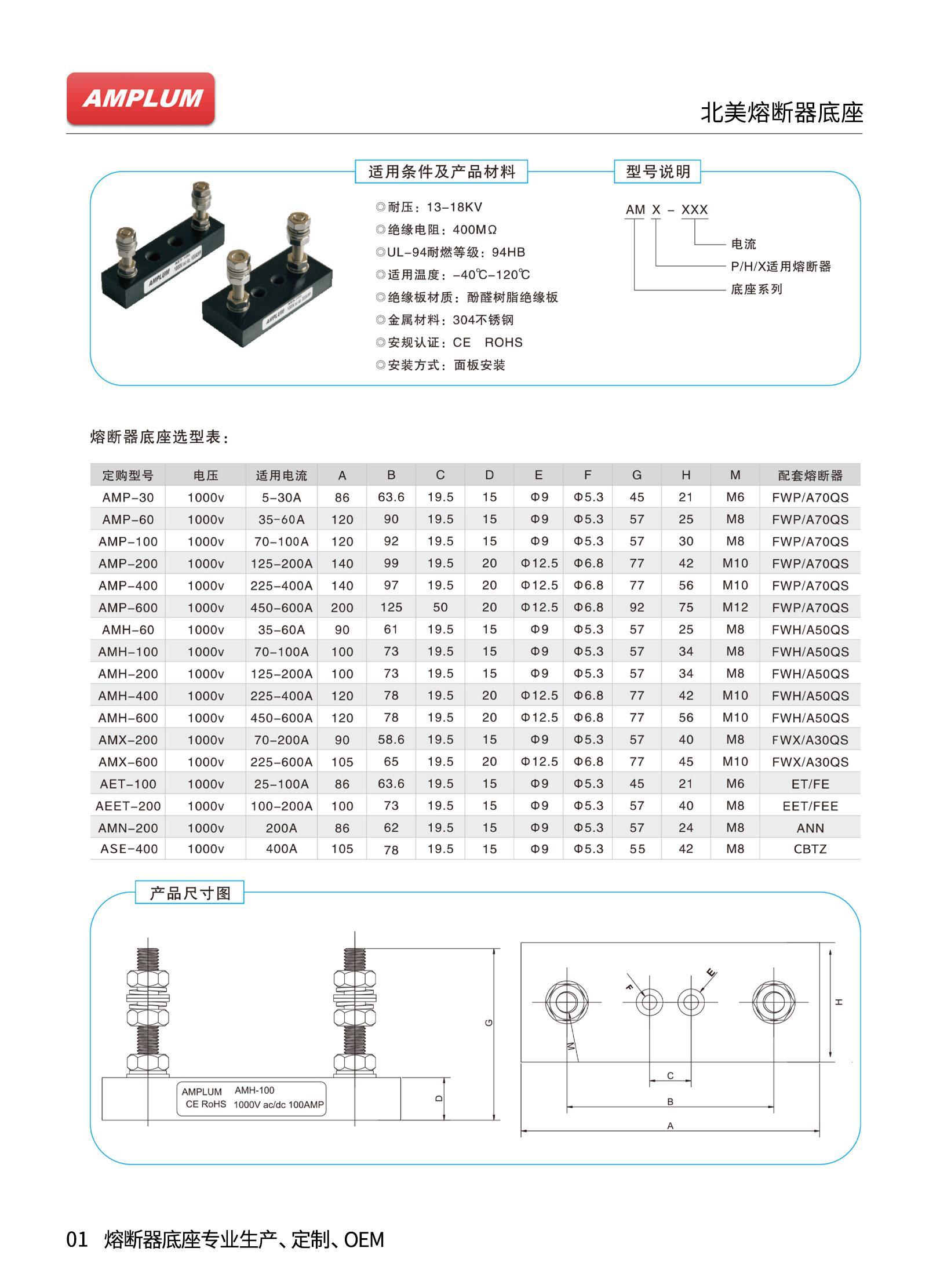 AMP-200固定式熔断器底座技术参数