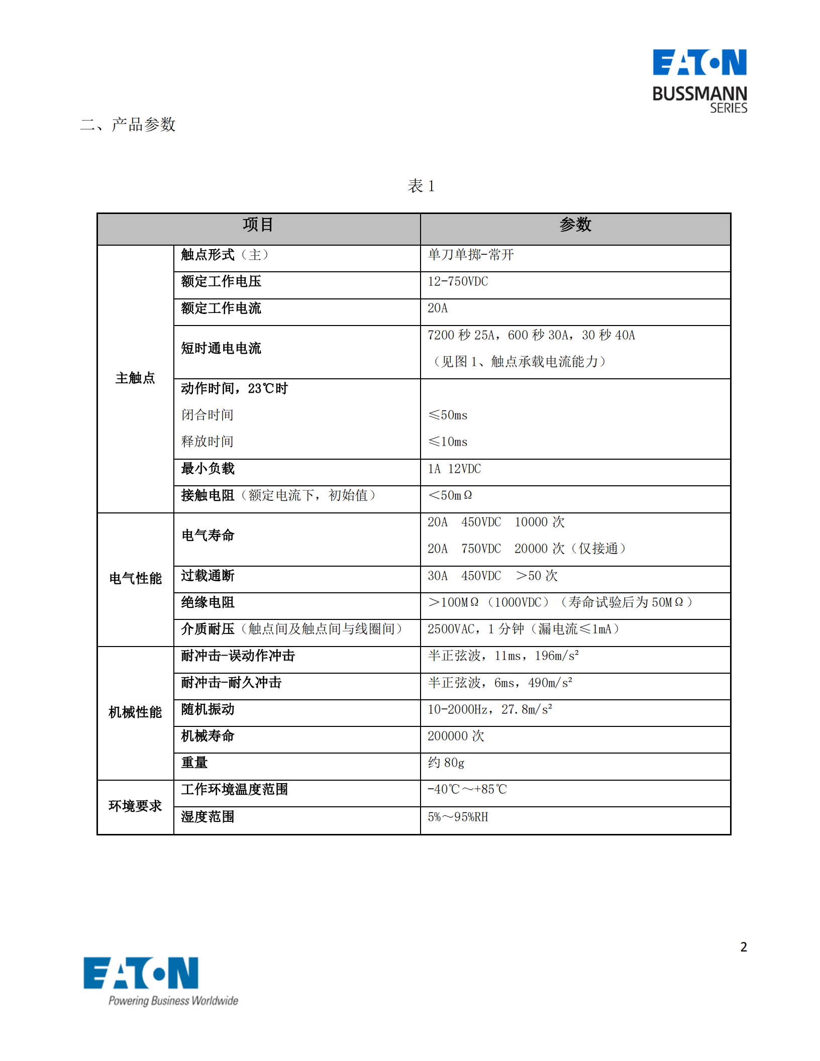 直流接触器参数表